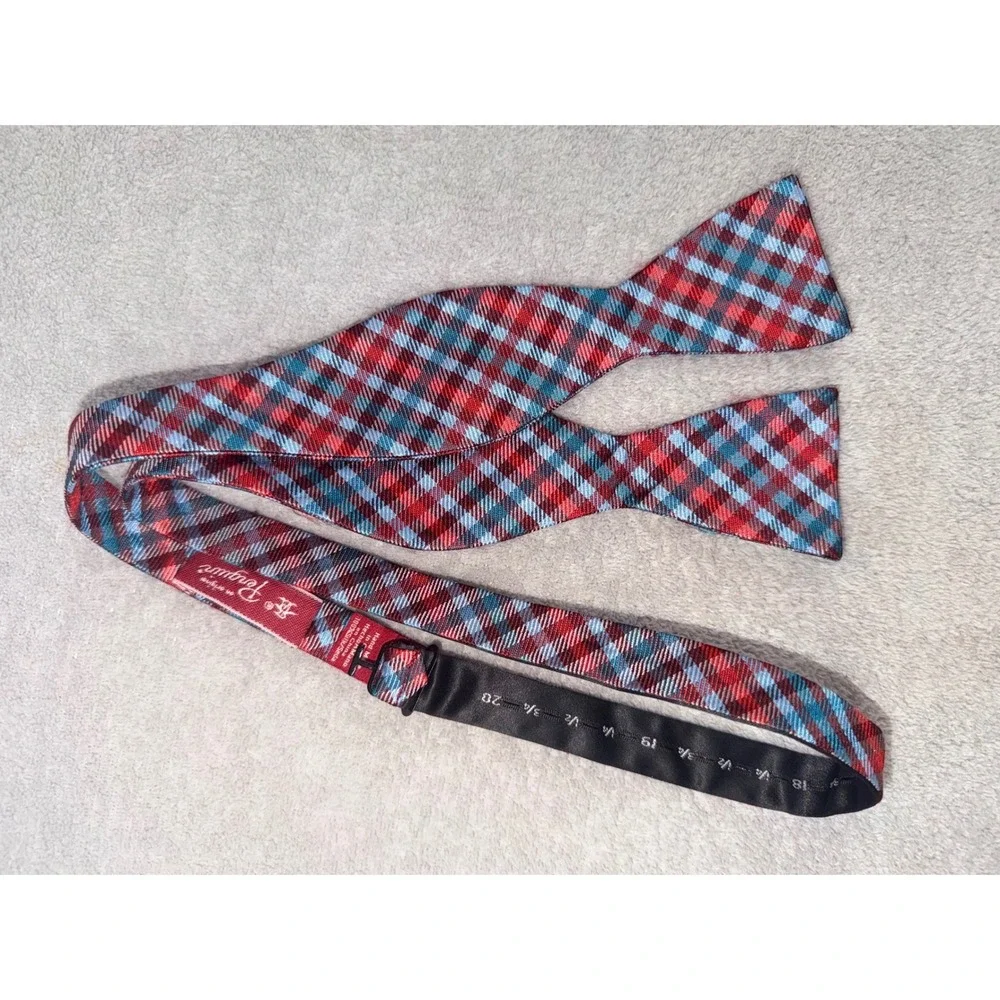 Original Penguin Mens Red Blue Plaid 100% Silk Self-Tie Bow Tie Adjustable